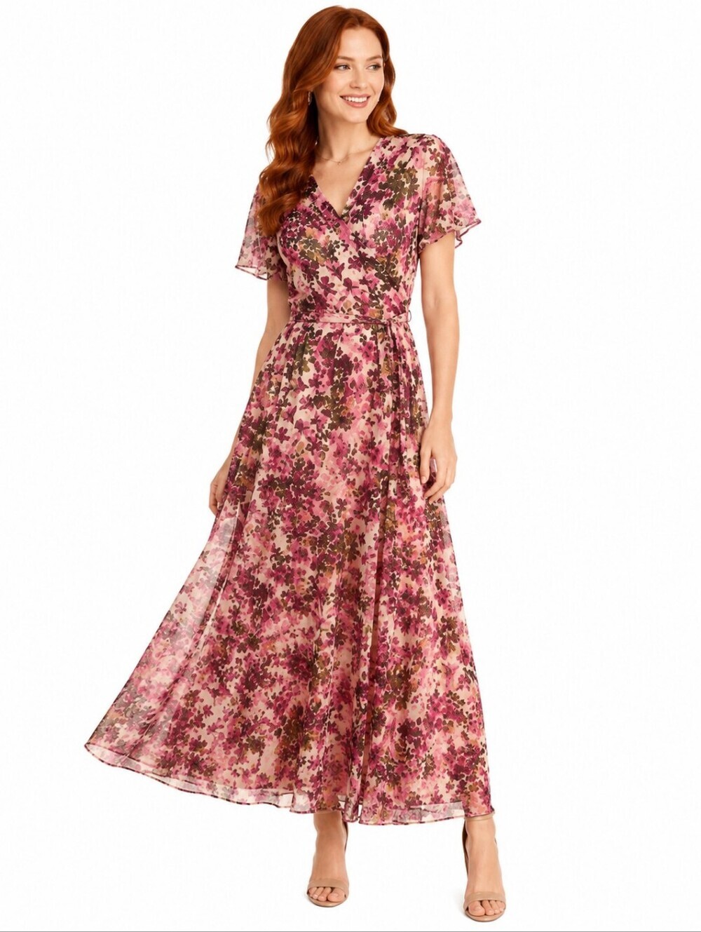 Kate and Lily Floral Chiffon Maxi Dress Pink Burgundy Belted Petite 8P